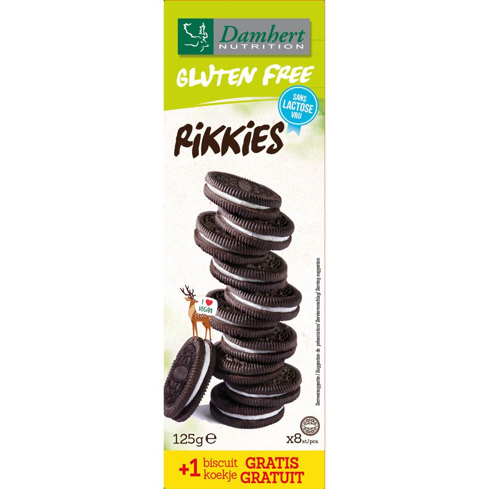 Boîte de Damhert Rikkies. Sans gluten, sans lactose. Biscuits avec crème. 125g, +1 biscuit gratuit, vegan.