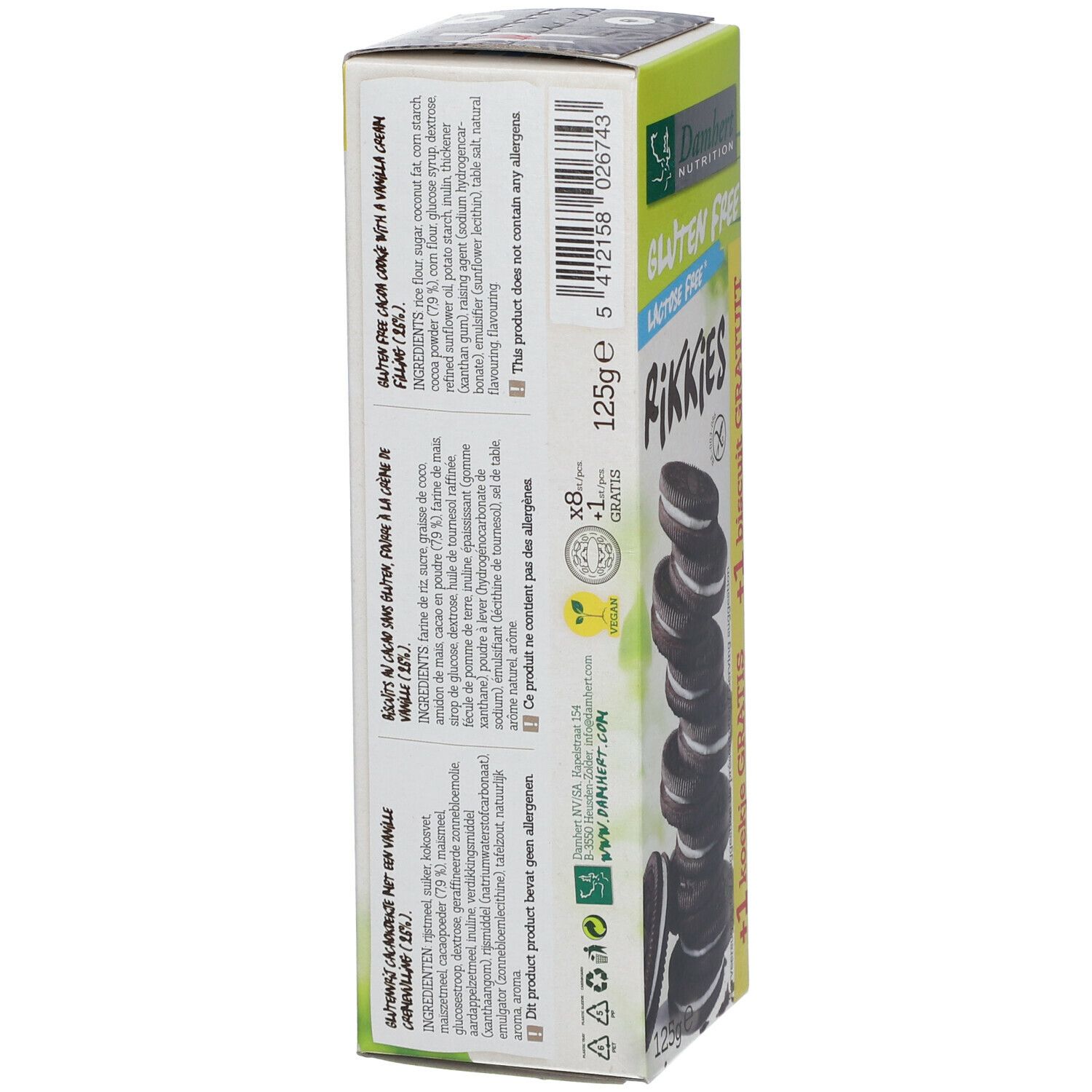 Dos de la boîte Damhert Rikkies. Liste des ingrédients, informations nutritionnelles. Sans gluten, sans lactose. 125g. Sans allergènes.