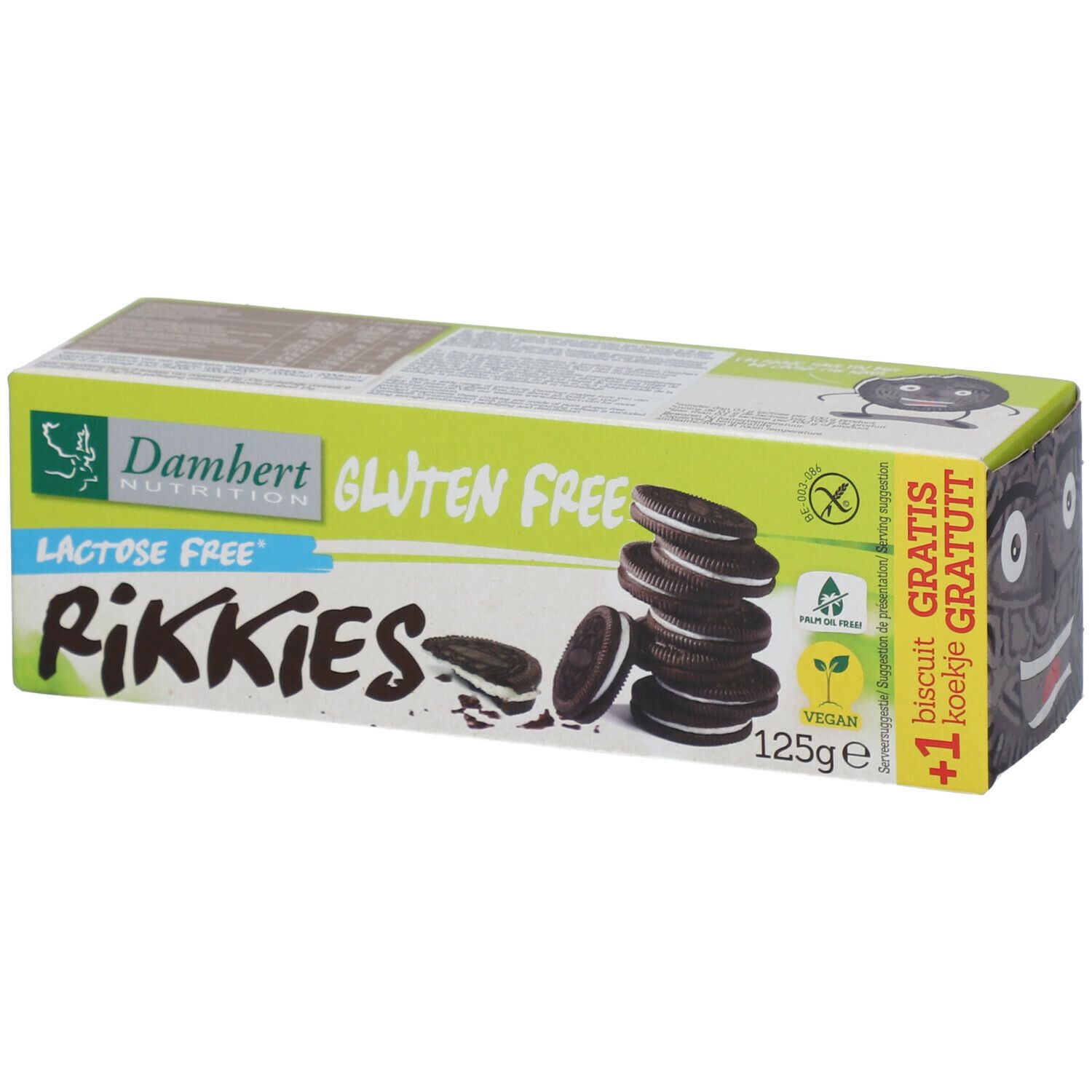 Boîte de Damhert Rikkies. Sans gluten, sans lactose. Biscuits avec crème. 125g, vegan, +1 biscuit gratuit.