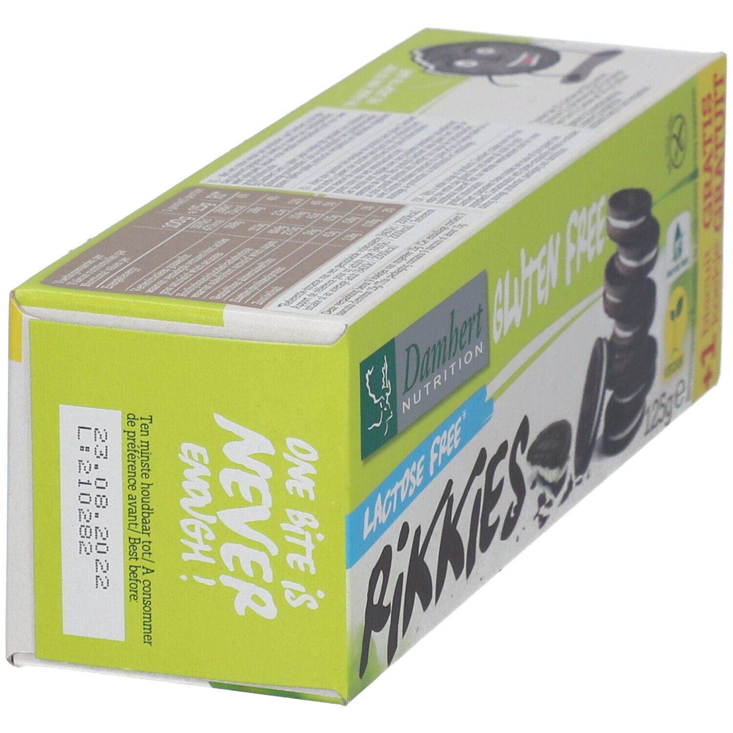 Coin de la boîte Damhert Rikkies. Sans gluten, sans lactose. Date limite de consommation: 23.08.2022. 'One bite is never enough!'