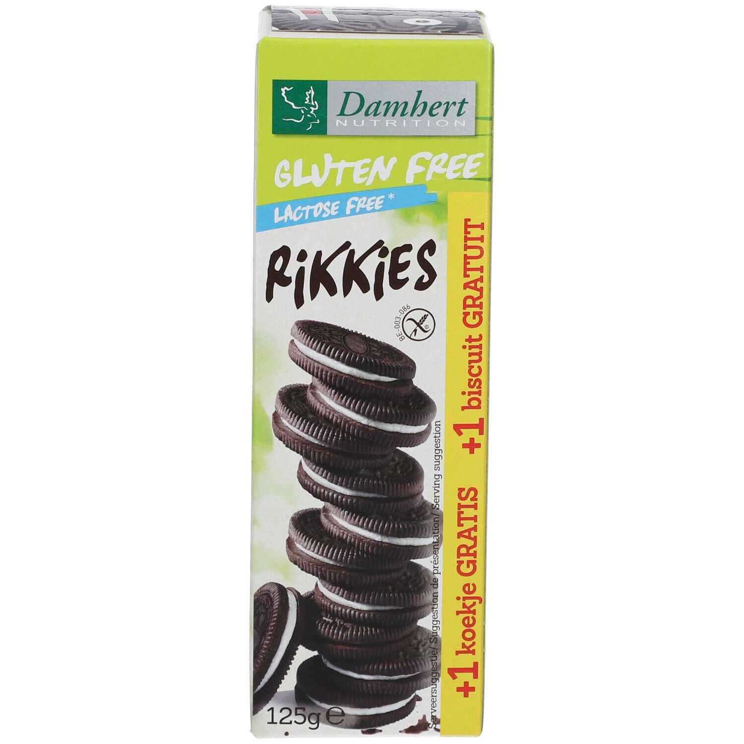 Boîte de Damhert Rikkies. Sans gluten, sans lactose. Biscuits avec crème. 125g, +1 biscuit gratuit.