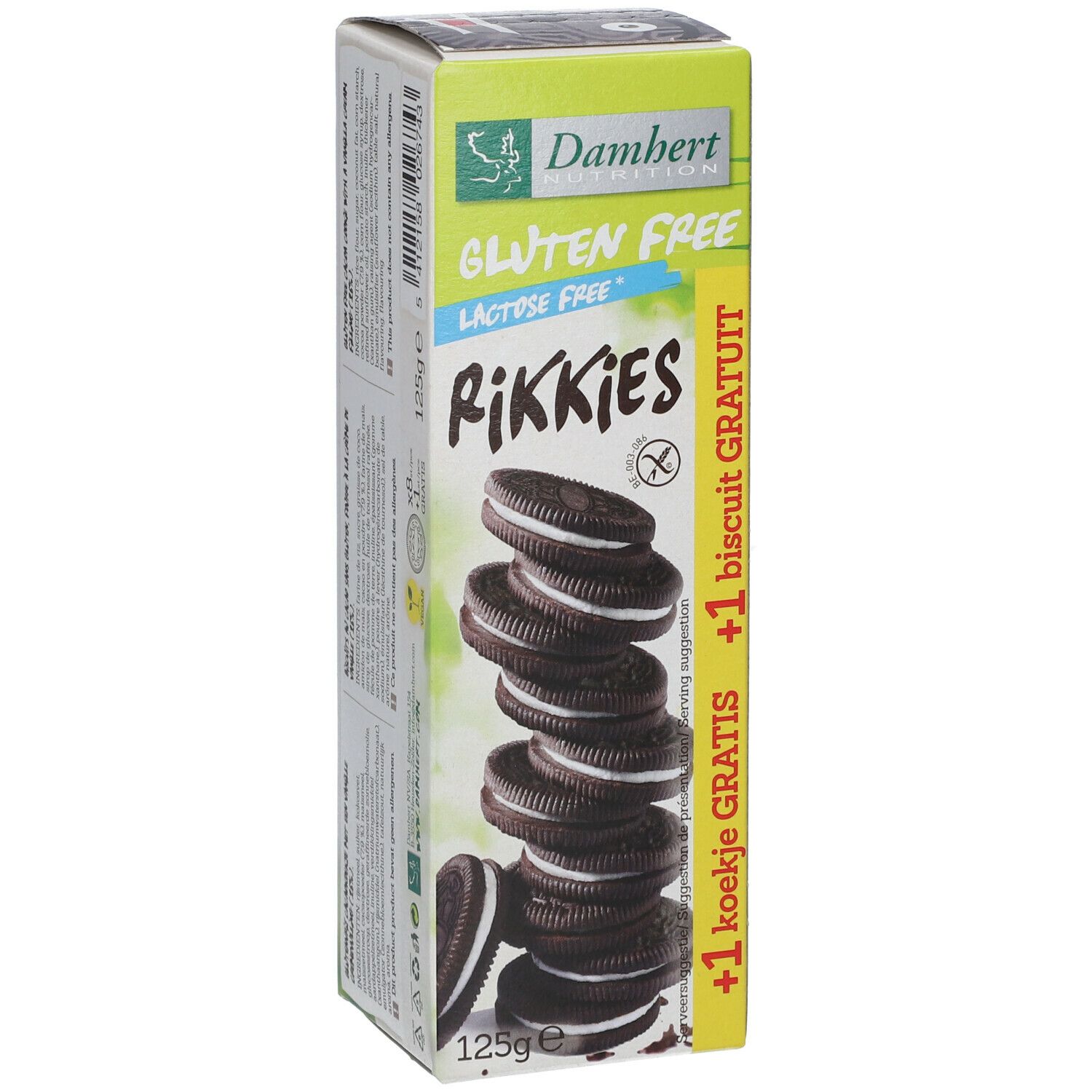 Boîte de Damhert Rikkies. Sans gluten, sans lactose. Biscuits avec crème. 125g, +1 biscuit gratuit.