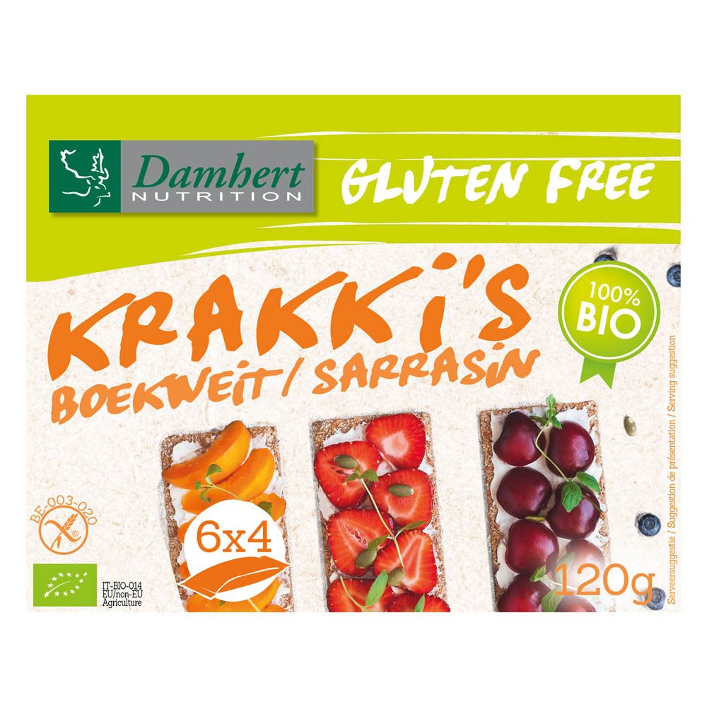 Emballage Krakki's Sarrasin. Sans gluten, 100% bio, 6x4 crackers. 120g. Vue du produit.