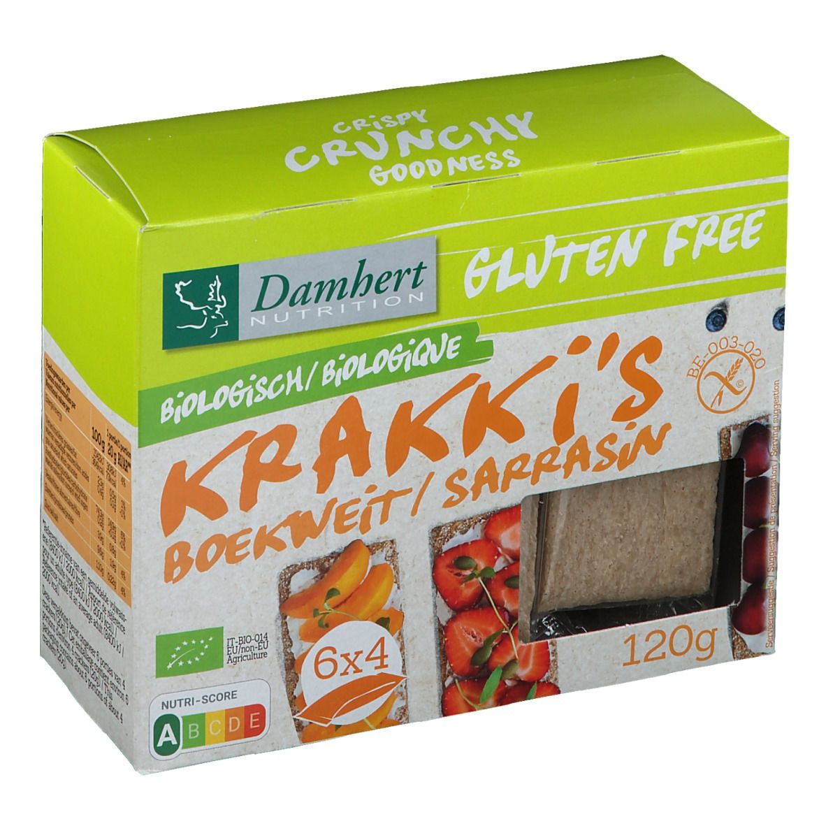 Boîte de Krakki's Sarrasin sans gluten. Contient 6x4 crackers. Label bio et tableau nutritionnel.