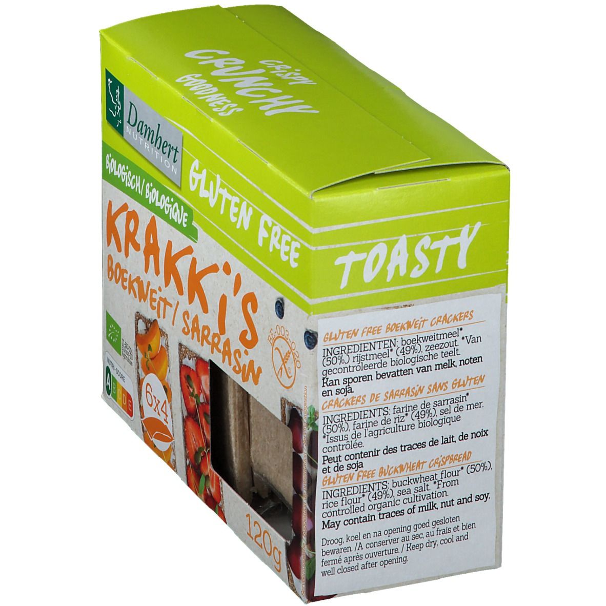 Vue oblique de l'emballage Krakki's Sarrasin. Sans gluten, label bio. Liste des ingrédients sur le côté.