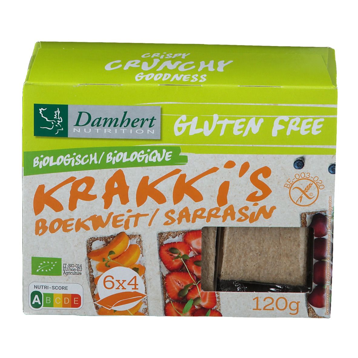 Emballage Krakki's Sarrasin. Sans gluten, label bio, 6x4 crackers. 120g. Vue du produit.