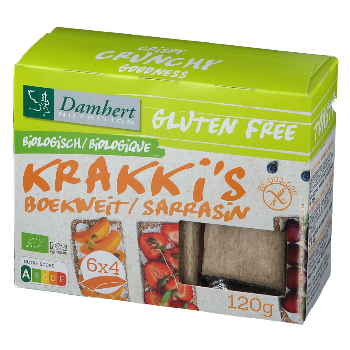 Emballage Krakki's Sarrasin. Sans gluten, label bio, 6x4 crackers. 120g. Vue du produit.