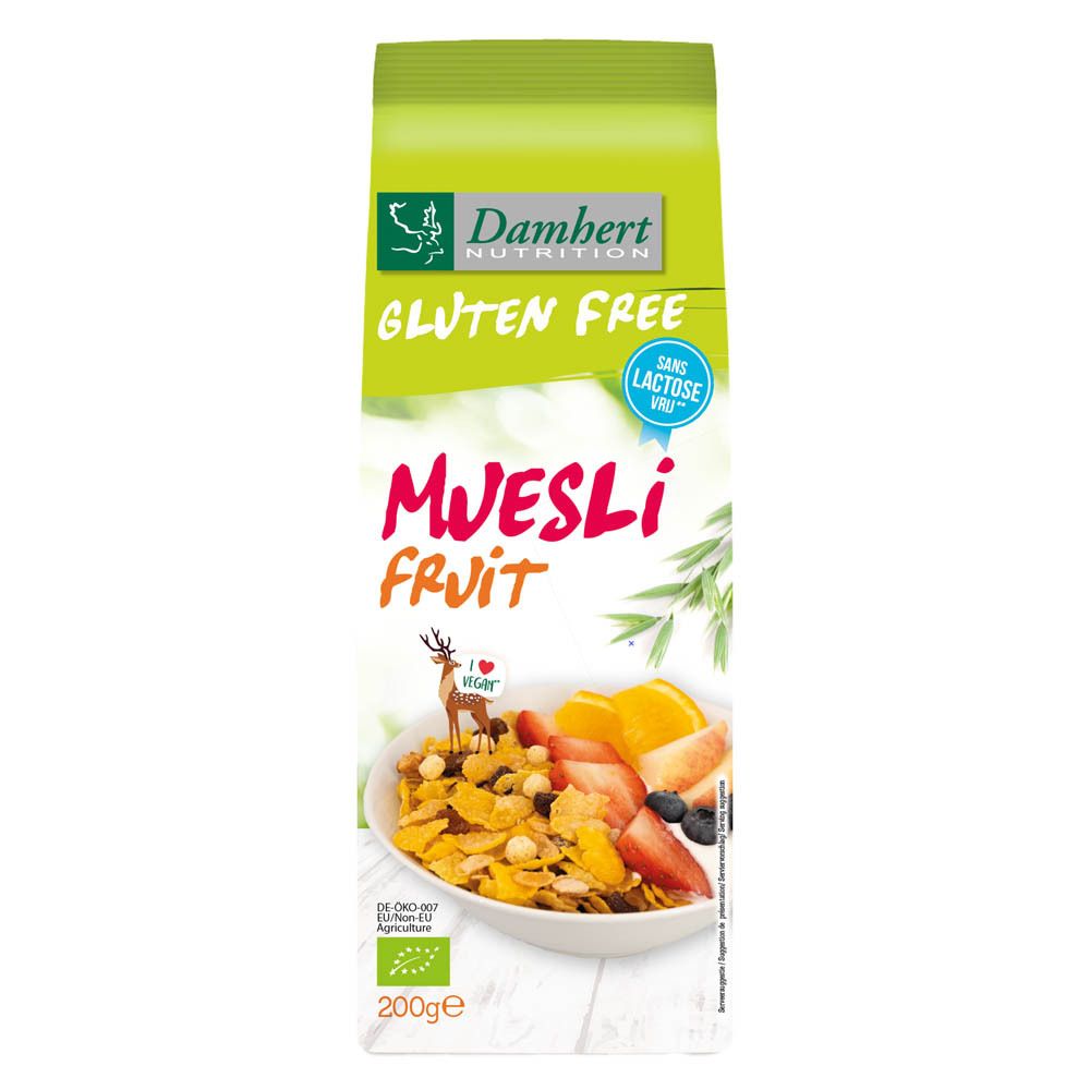Verpackung von glutenfreiem Müsli mit Früchten. Marke Damhert Nutrition, ohne Laktose. 200g Packung.