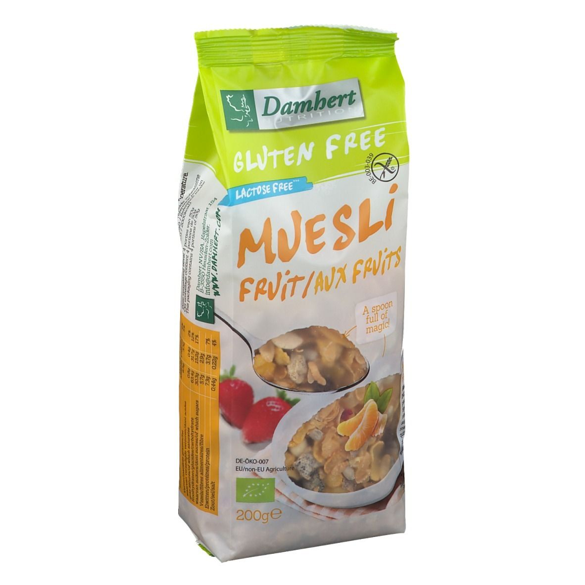 Verpackung von glutenfreiem Müsli mit Früchten. Marke Damhert, Bio-Siegel. 200g Packung.