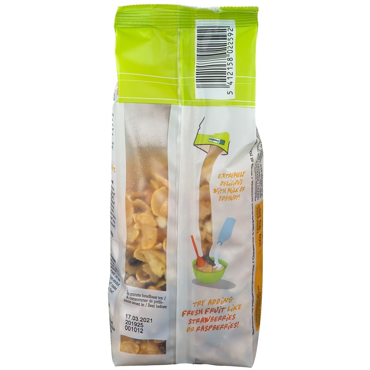 Rückseite der Müsli-Verpackung. Enthält Informationen und eine Abbildung mit Früchten und Müsli.