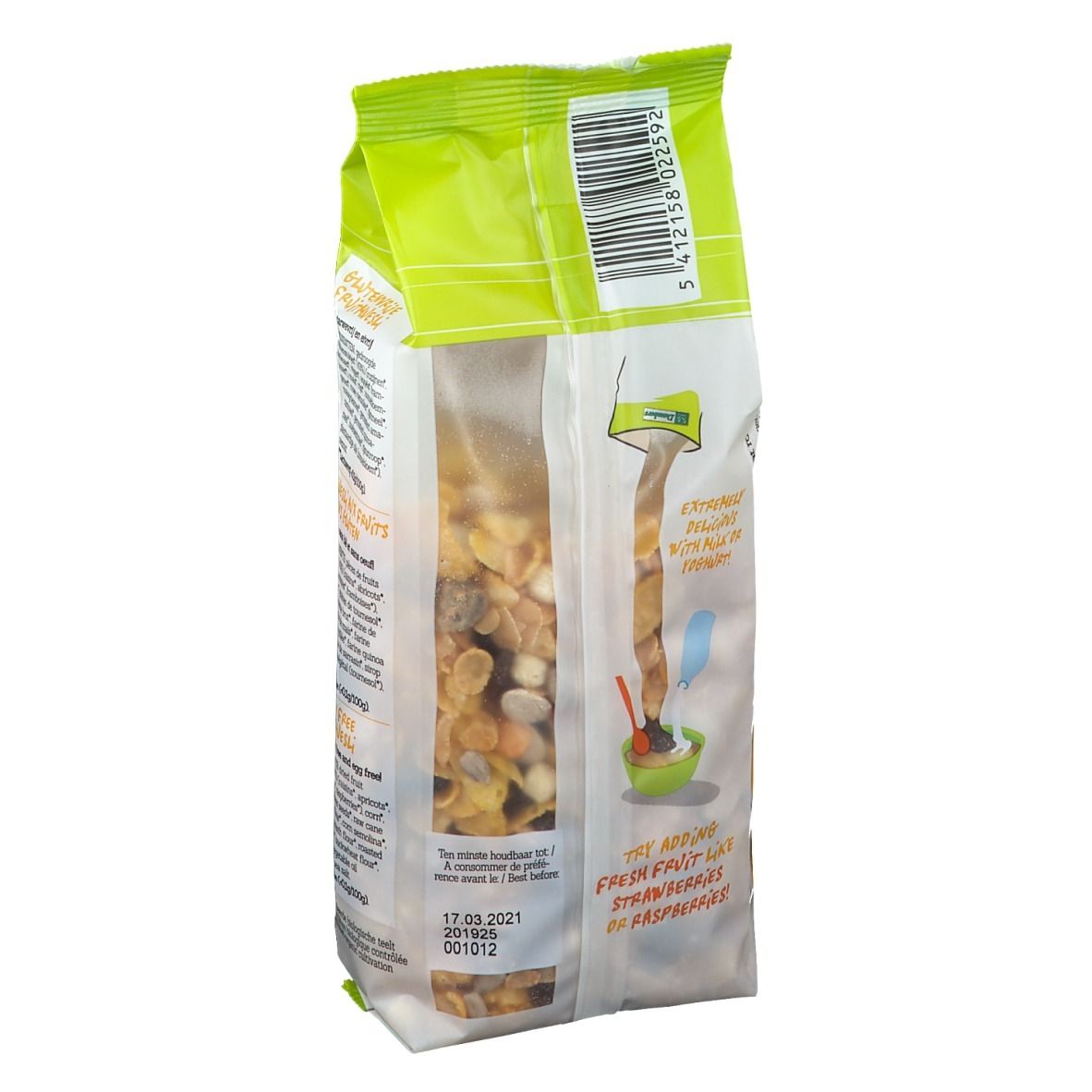 Rückansicht der Müsli-Verpackung. Zeigt Zutaten und Nährwertangaben. MHD: 17.03.2021.