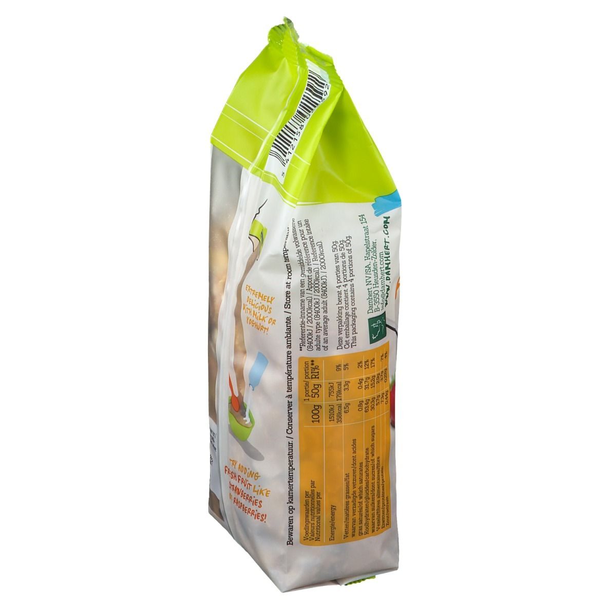 Seitenansicht der Müsli-Verpackung. Enthält Informationen und Nährwertangaben.