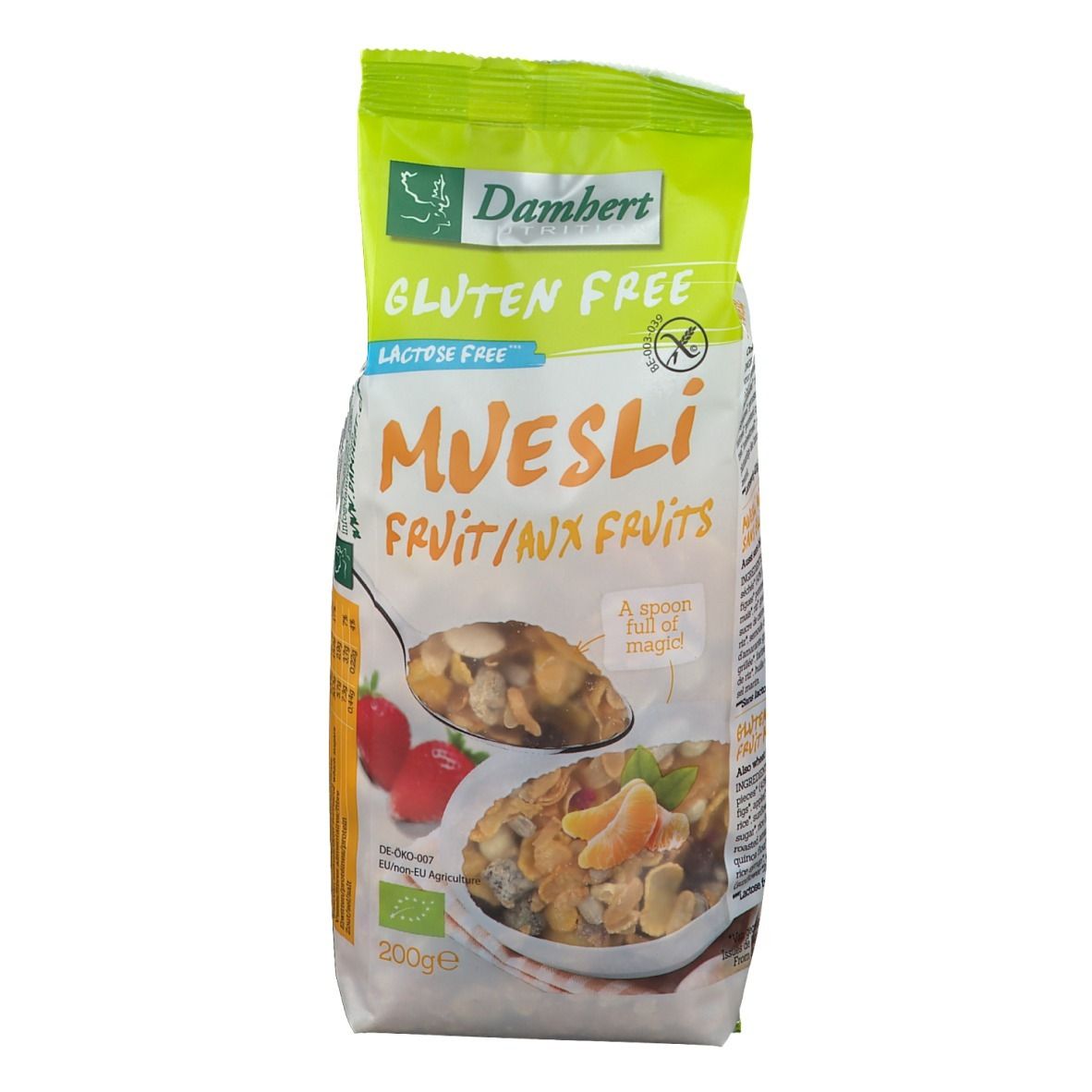 Verpackung von glutenfreiem Müsli mit Früchten. Marke Damhert, Bio-Siegel. 200g Packung.