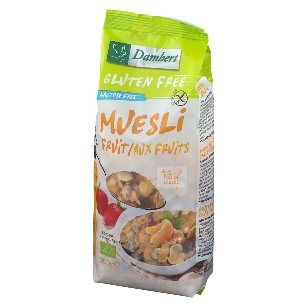 Verpackung von glutenfreiem Müsli mit Früchten. Marke Damhert, Bio-Siegel. 200g Packung.