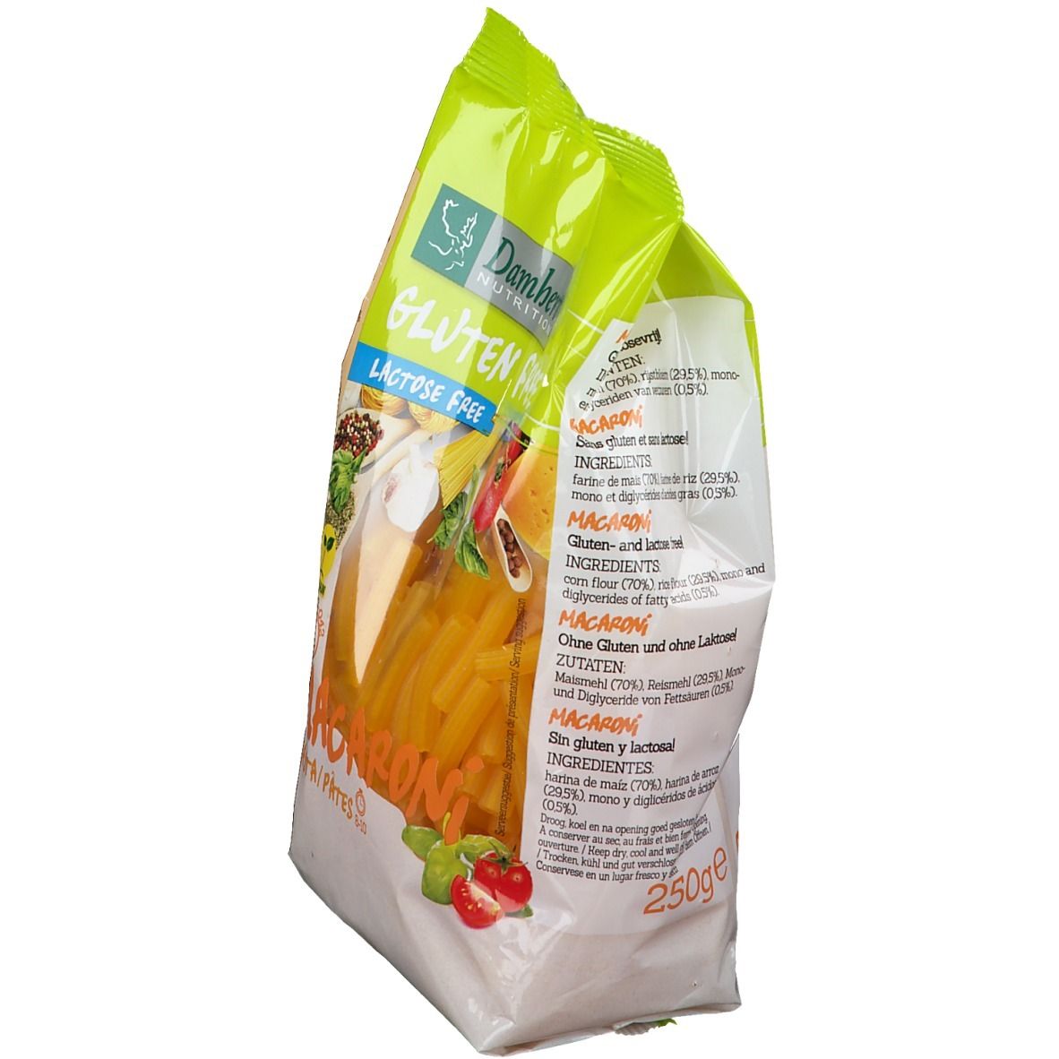 Paquet de macaronis sans gluten. Dos avec liste des ingrédients et informations nutritionnelles. Paquet de 250g.