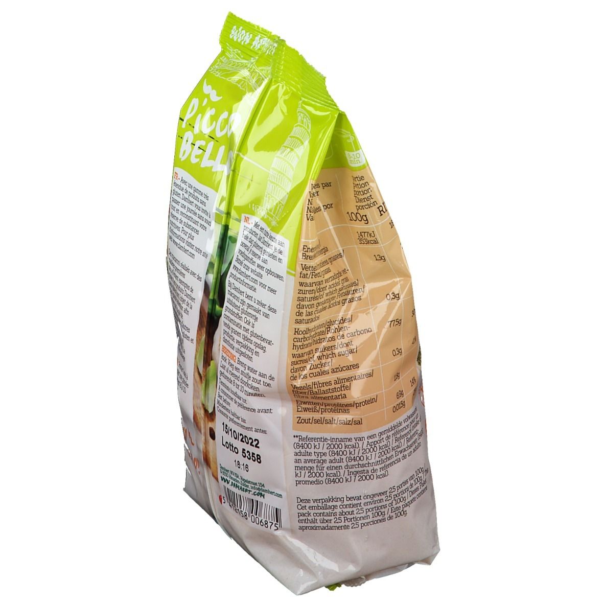 Paquet de macaronis sans gluten. Vue latérale avec informations nutritionnelles et date de péremption. Emballage vert et blanc.