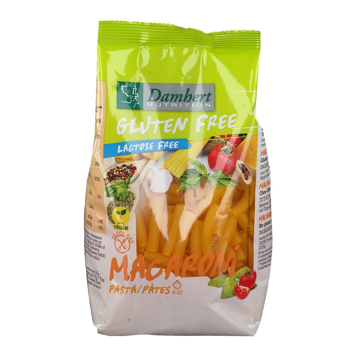 Paquet de macaronis sans gluten. Emballage vert et blanc avec nom et logo du produit. Macaronis visibles à travers une fenêtre transparente.