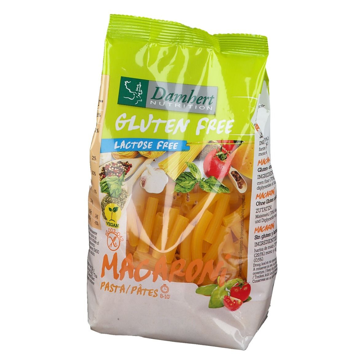 Paquet de macaronis sans gluten. Emballage vert et blanc avec nom et logo du produit. Macaronis visibles à travers une fenêtre transparente.