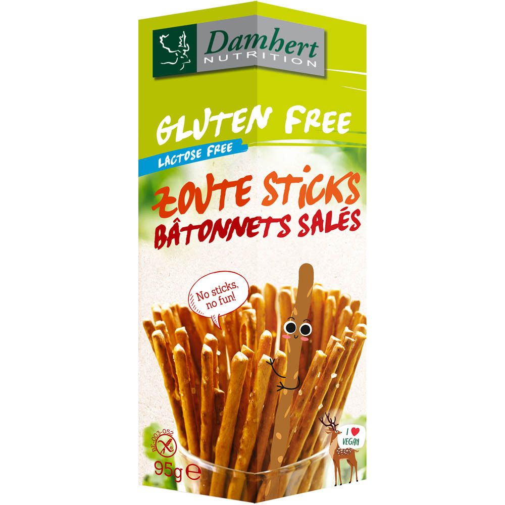 Boîte de bâtonnets salés sans gluten et sans lactose. Marque Damhert Nutrition. Inscription: Zoute Sticks, Bâtonnets Salés.