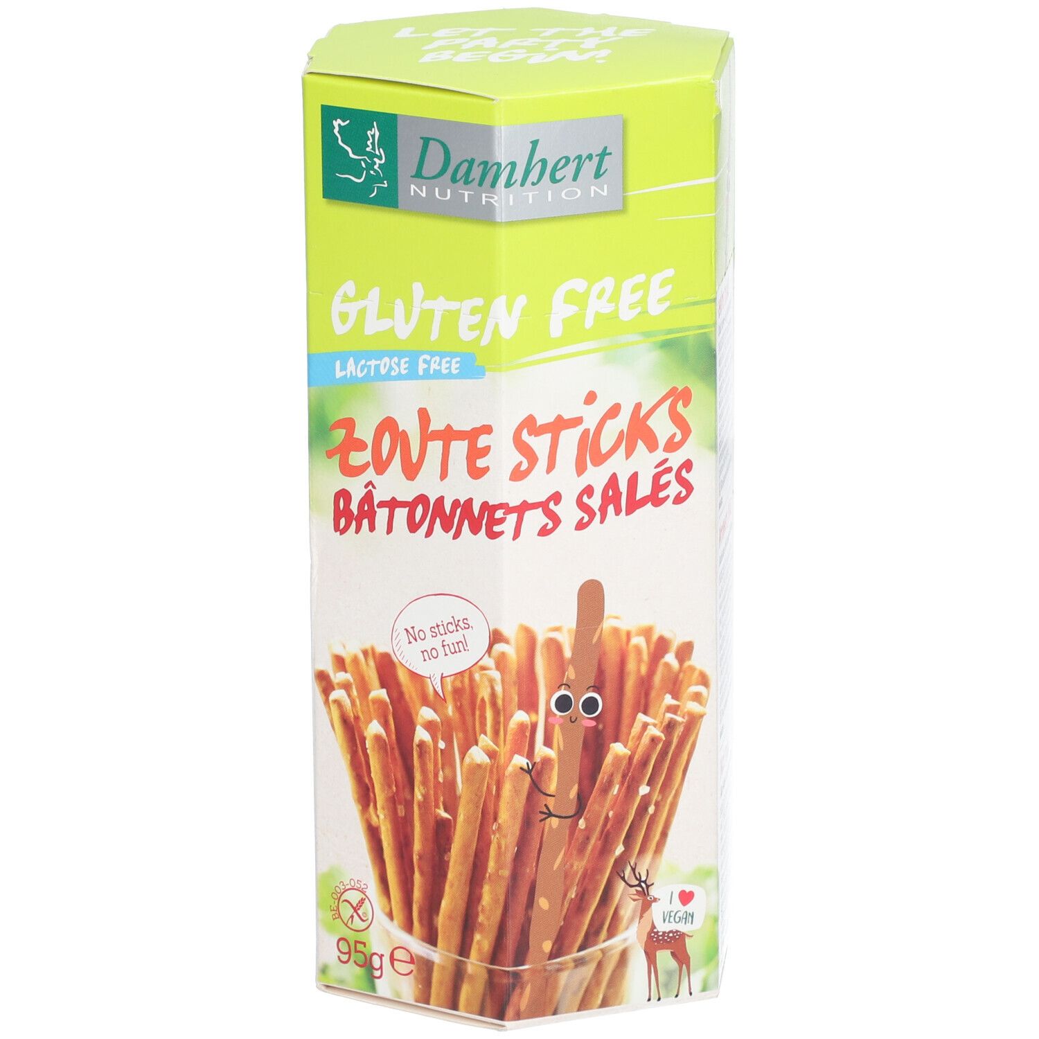 Boîte de bâtonnets salés sans gluten et sans lactose. Marque Damhert Nutrition. Inscription: Zoute Sticks, Bâtonnets Salés.