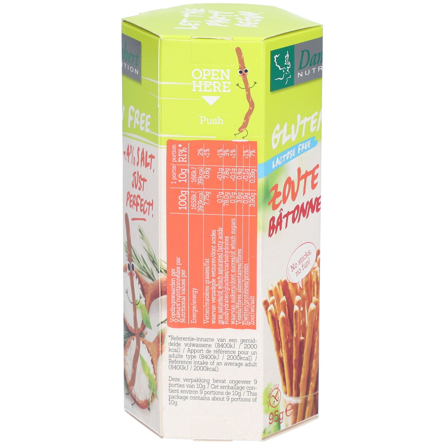 Boîte avec informations nutritionnelles. Sans gluten, sans lactose. Marque Damhert Nutrition. Inscription: Zoute Sticks, Bâtonnets Salés.