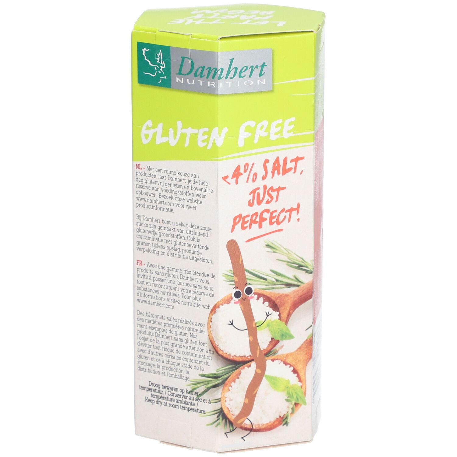 Boîte avec texte. Sans gluten, sans lactose. Marque Damhert Nutrition. Inscription: Zoute Sticks, Bâtonnets Salés. Moins de 4% de sel.