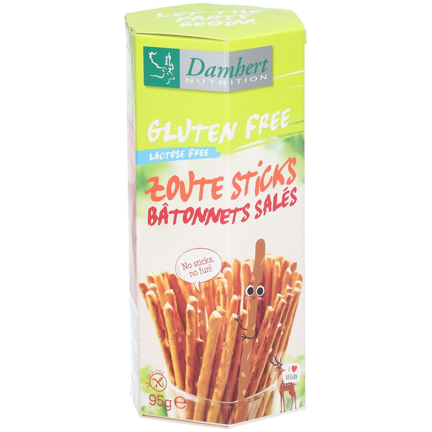 Boîte de bâtonnets salés sans gluten et sans lactose. Marque Damhert Nutrition. Inscription: Zoute Sticks, Bâtonnets Salés.
