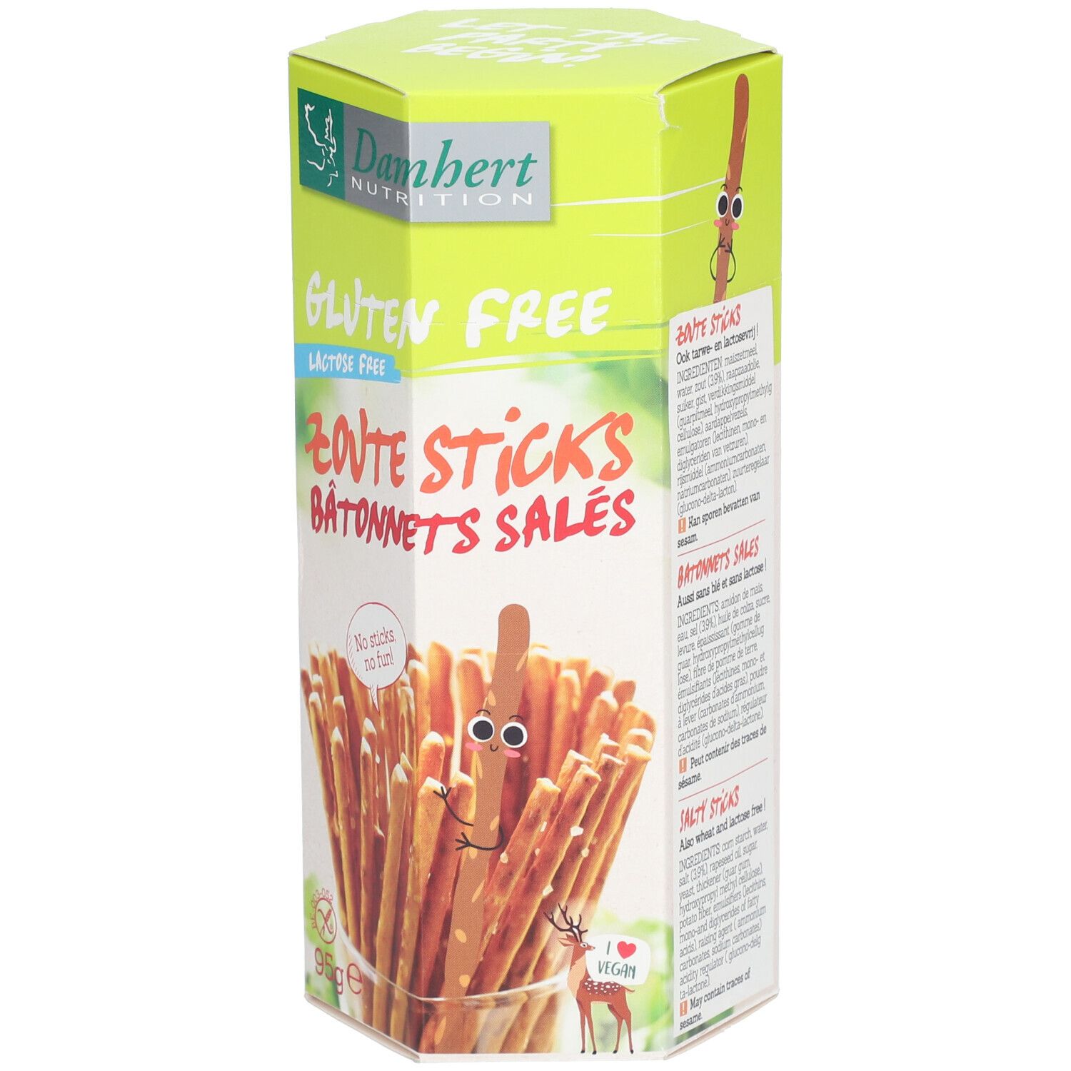 Boîte de bâtonnets salés sans gluten et sans lactose. Marque Damhert Nutrition. Inscription: Zoute Sticks, Bâtonnets Salés.