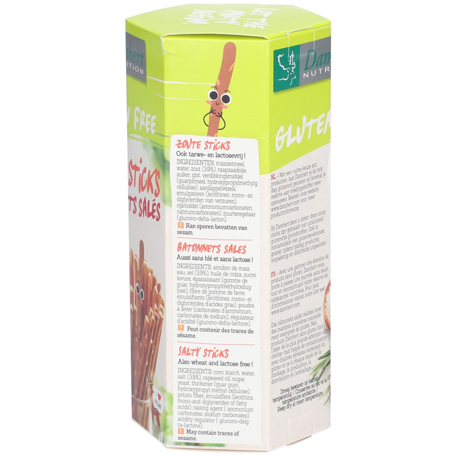 Boîte avec liste d'ingrédients. Sans gluten, sans lactose. Marque Damhert Nutrition. Inscription: Zoute Sticks, Bâtonnets Salés.