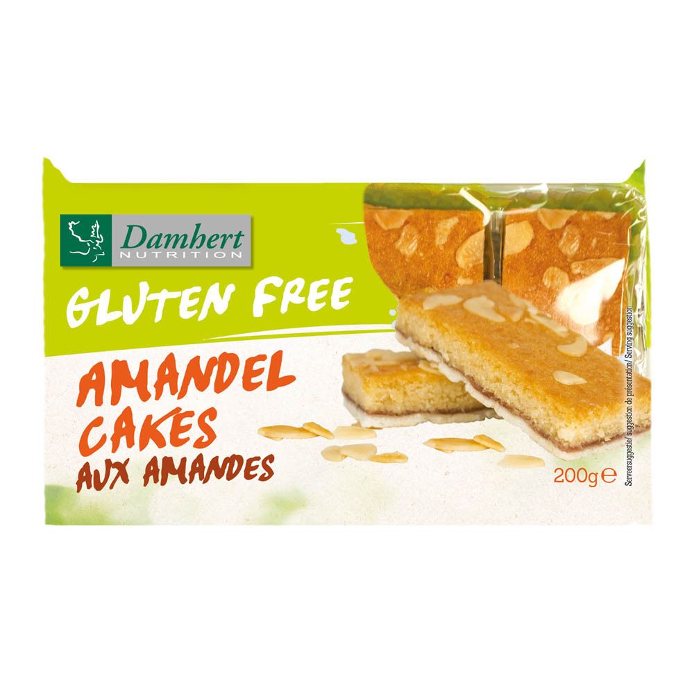 Verpakking met glutenvrije amandelcakes van Damhert. Opschrift "Gluten Free" en "Amandel Cakes aux Amandes". Stukken cake met amandelschilfers.