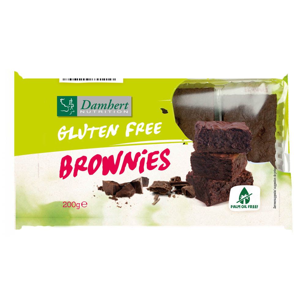 Paquet de Brownies sans gluten Damhert. Brownies visibles et label sans huile de palme. 200g.