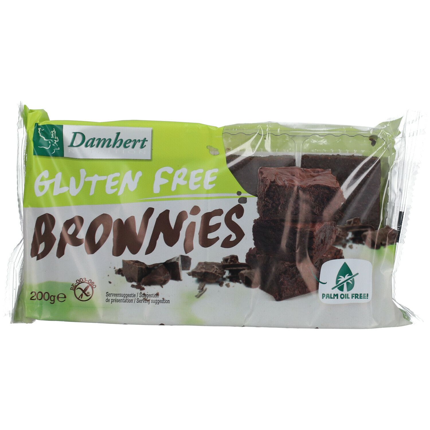 Paquet de Brownies sans gluten Damhert. Brownies visibles et label sans huile de palme. 200g.