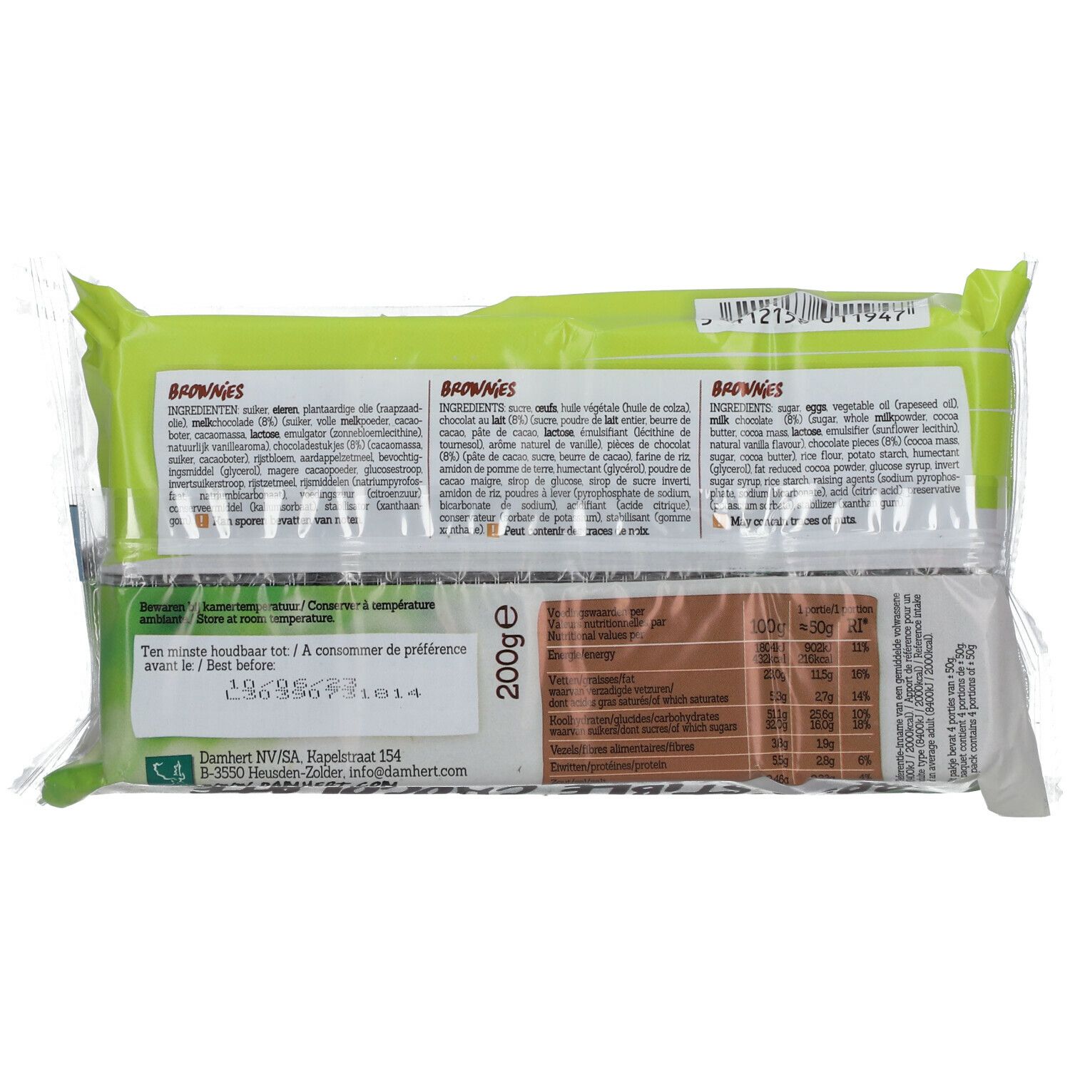 Dos du paquet de Brownies sans gluten Damhert. Listes d'ingrédients multilingues. 200g.