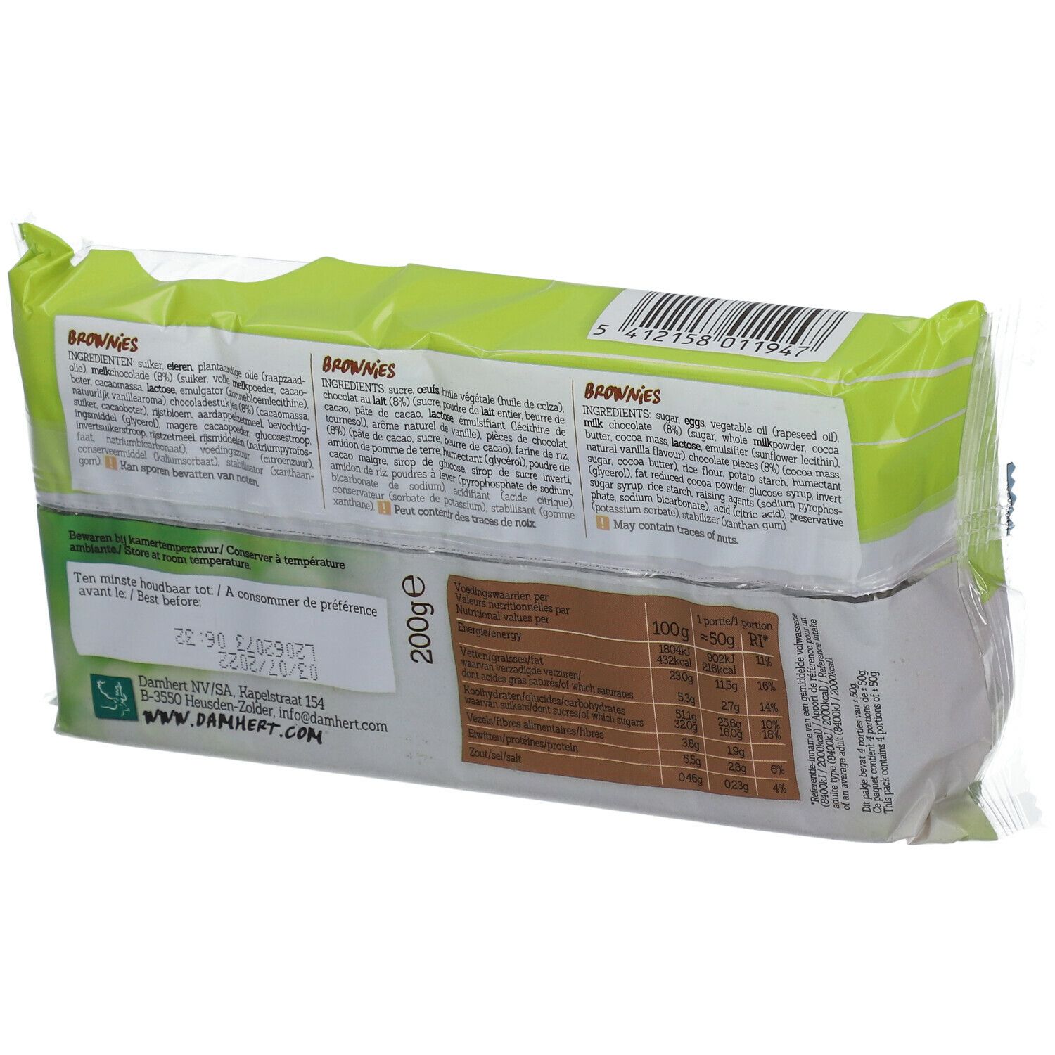 Dos du paquet de Brownies sans gluten Damhert. Listes d'ingrédients et informations nutritionnelles. 200g.