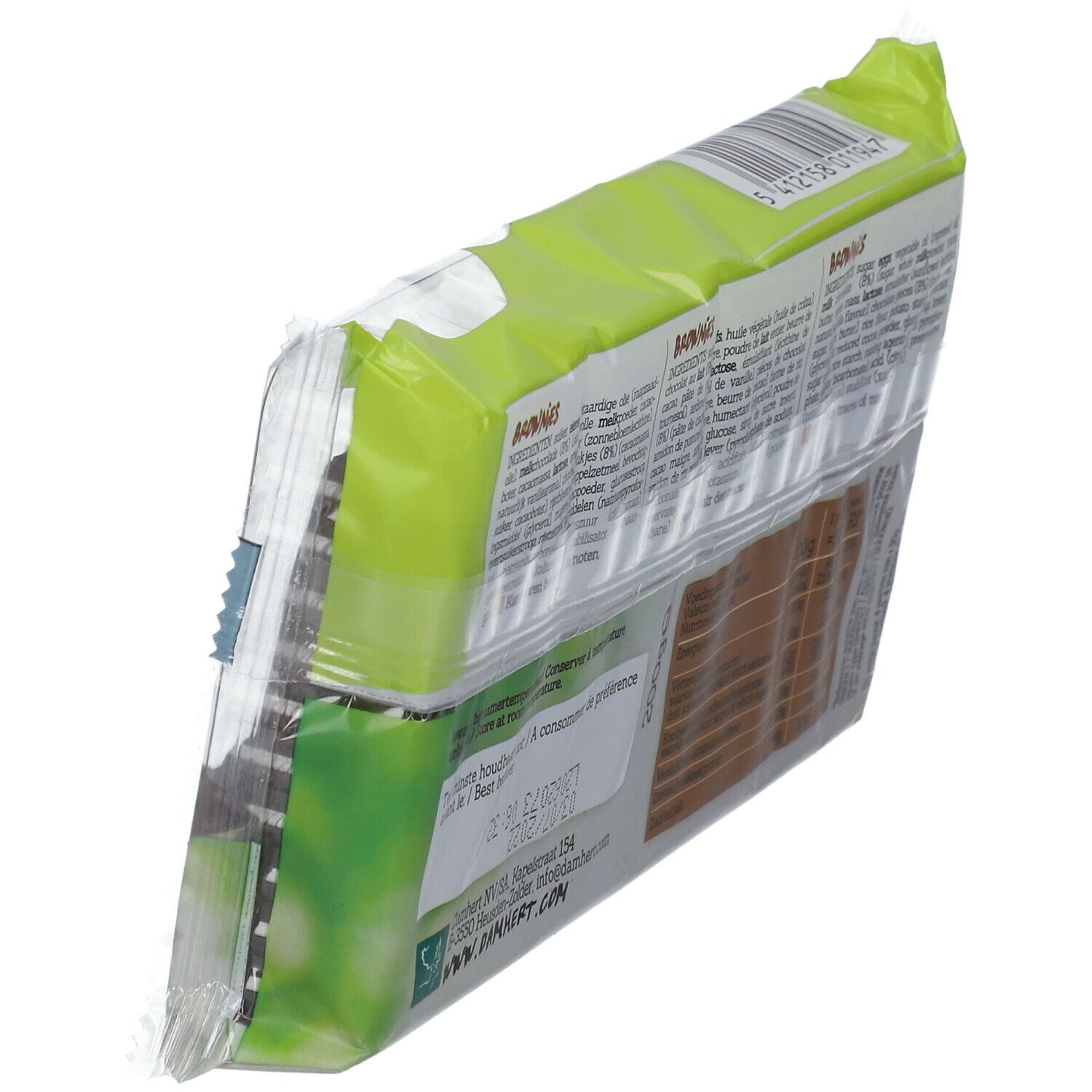 Vue en biais du paquet de Brownies sans gluten Damhert. Ingrédients et informations nutritionnelles. 200g.