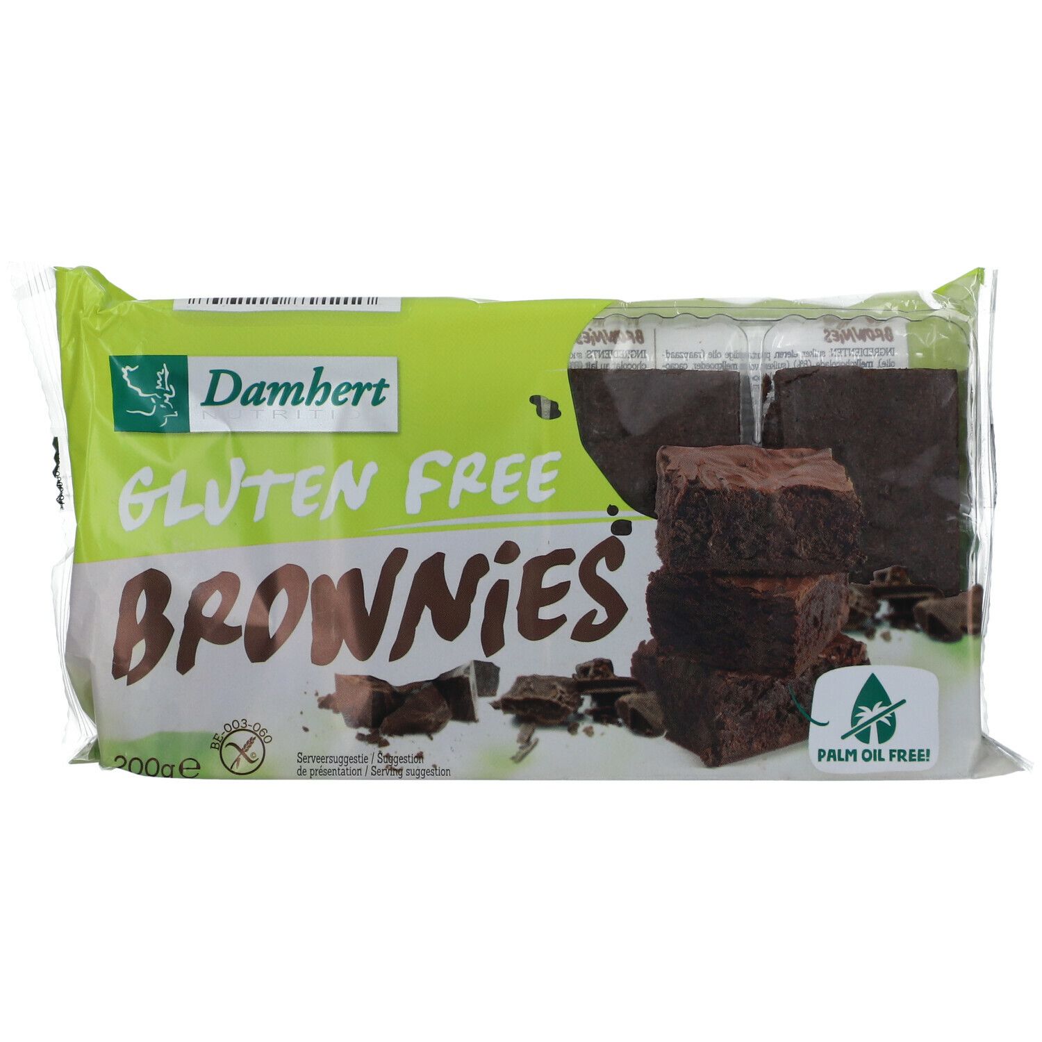 Paquet de Brownies sans gluten Damhert. Brownies visibles et label sans huile de palme. 200g.