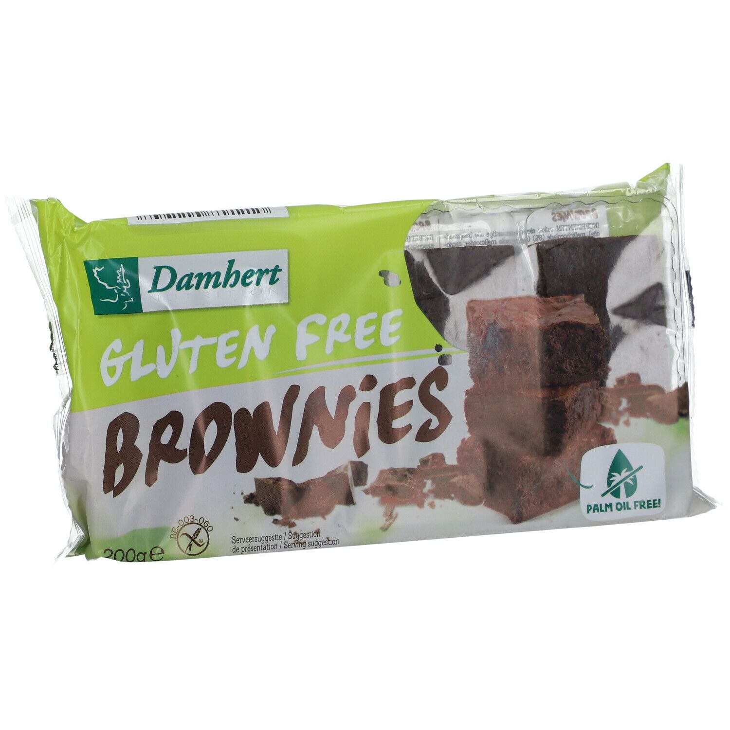 Paquet de Brownies sans gluten Damhert. Brownies visibles et label sans huile de palme. 200g.