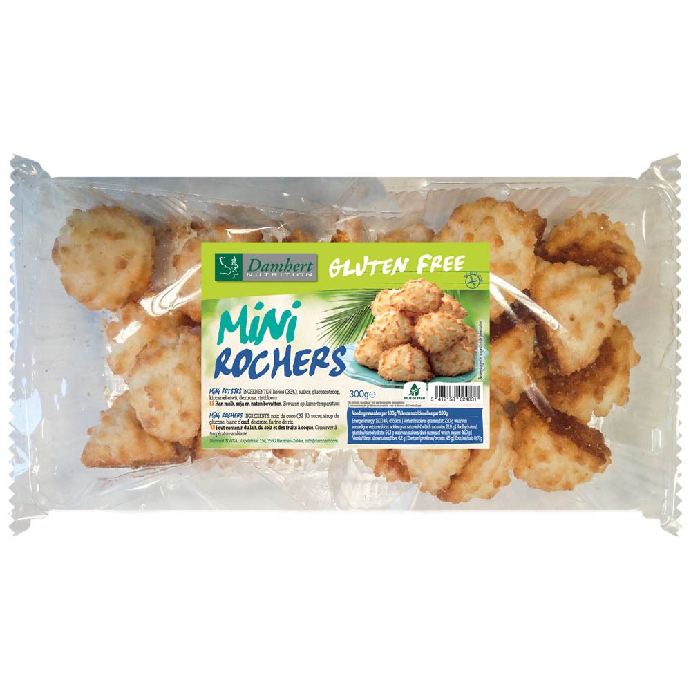 Emballage transparent de mini-rochers à la noix de coco sans gluten. Inscription : Damhert, Mini Rochers, sans gluten. Illustration du produit.