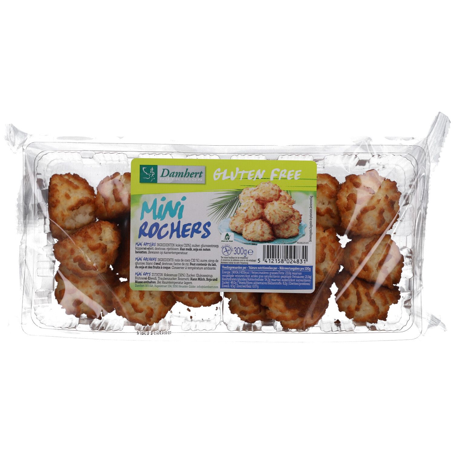 Emballage transparent de mini-rochers à la noix de coco sans gluten. Inscription : Damhert, Mini Rochers, sans gluten. Illustration du produit.