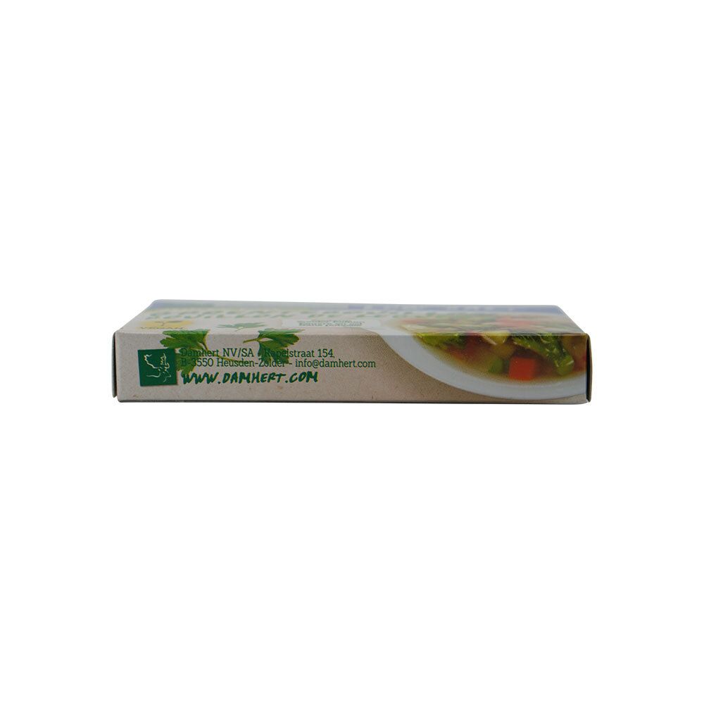 Dessous de l'emballage du bouillon de légumes Damhert Low Salt. Blanc avec texte et logo. www.damhert.com visible.
