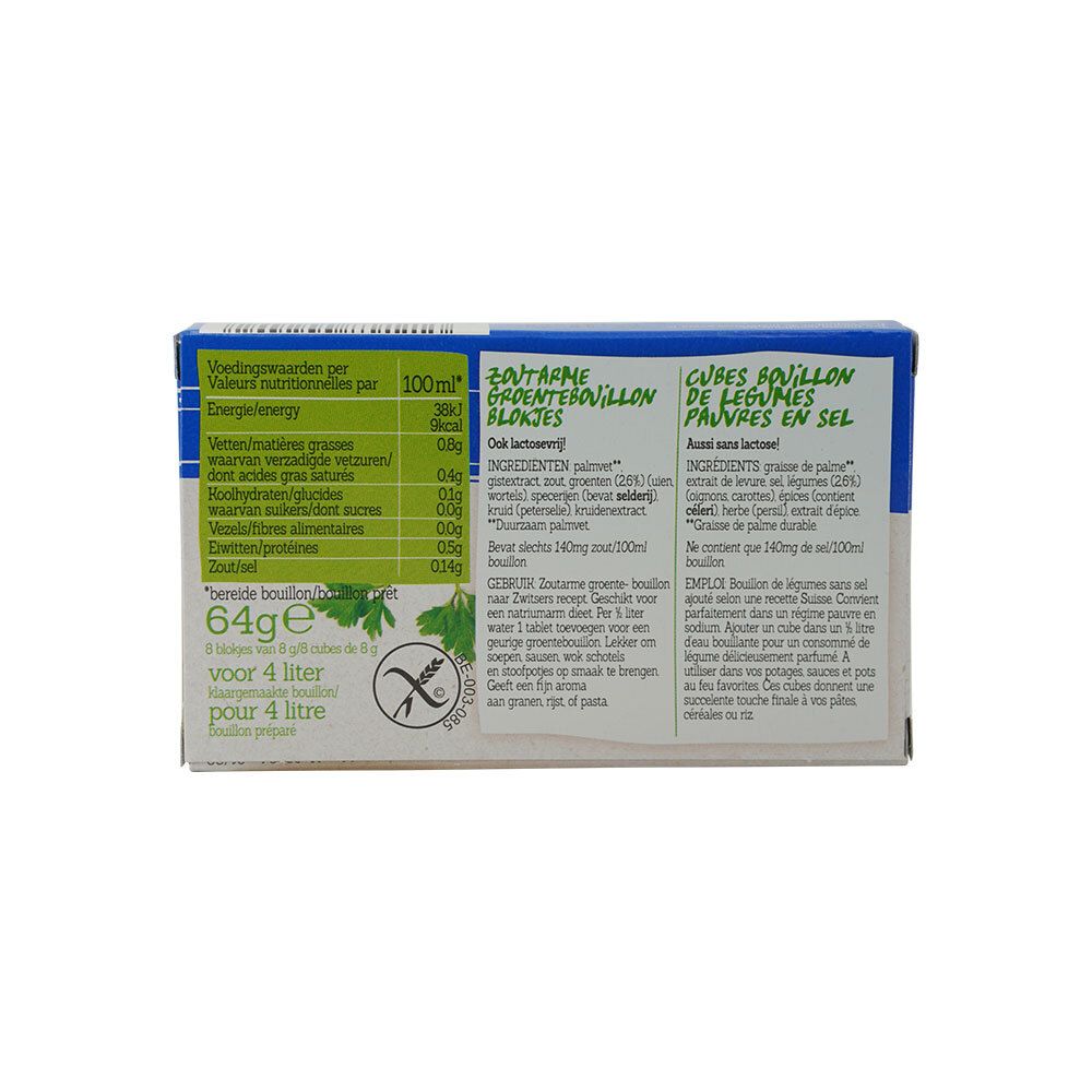 Dos de l'emballage du bouillon de légumes Damhert Low Salt. Texte multilingue. Informations nutritionnelles et ingrédients.