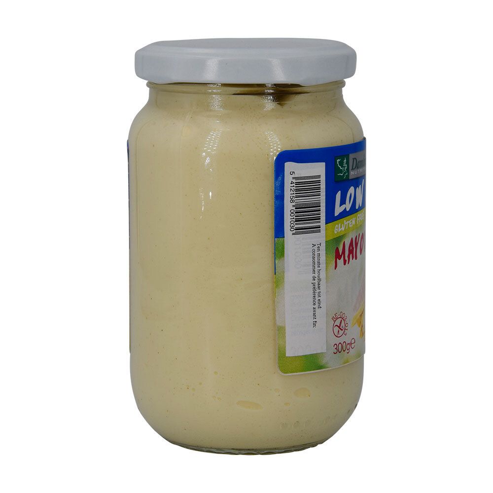 Rückseite eines Glases Damhert Low Salt Mayonnaise glutenfrei. Etikett mit Nährwertangaben und Barcode.