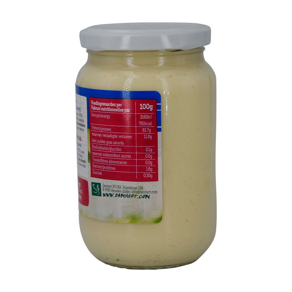 Rückseite eines Glases Damhert Low Salt Mayonnaise glutenfrei. Etikett mit Nährwertangaben pro 100g.