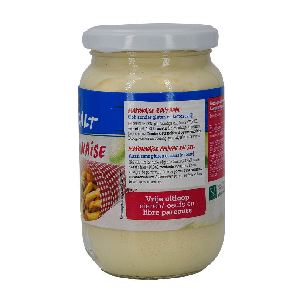 Rückseite eines Glases Damhert Low Salt Mayonnaise glutenfrei. Zutatenliste und Informationen zu Allergenen.