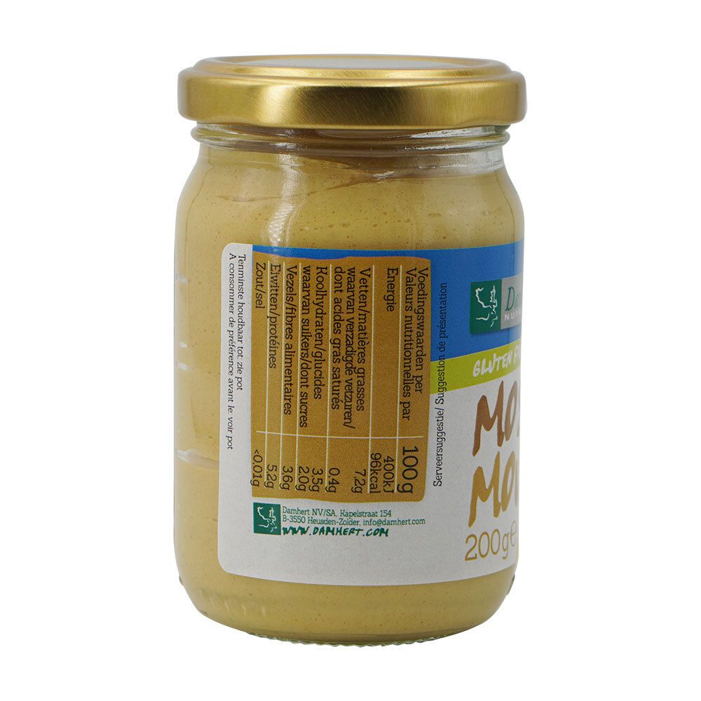 Achterkant van de mosterdpot. Etiket met voedingswaarden en ingrediëntenlijst. Merk Damhert.