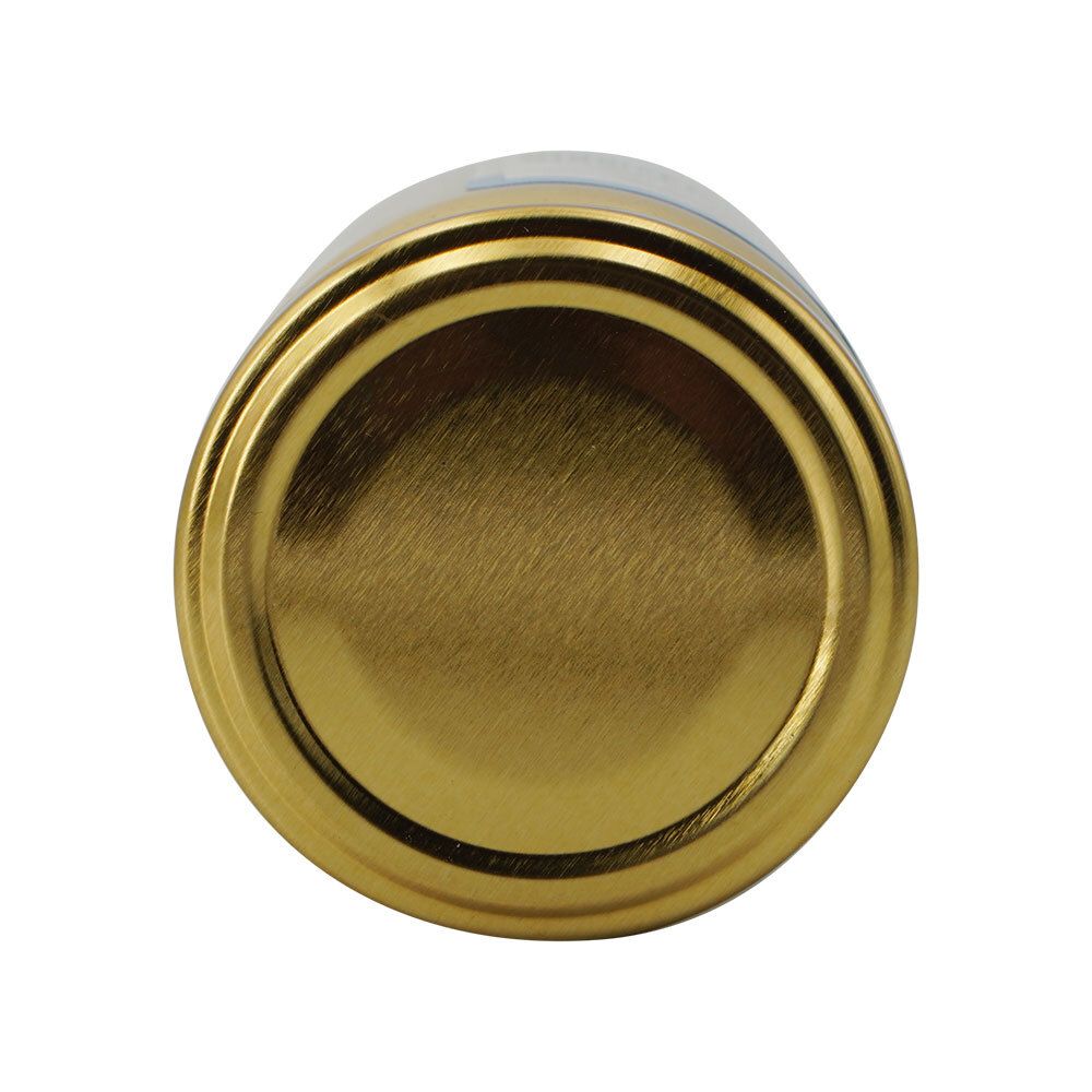 Gouden deksel van een mosterdpot. Ronde vorm.