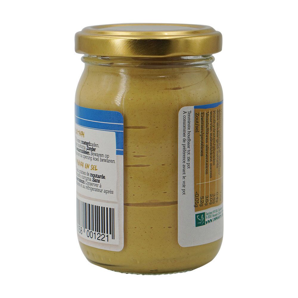Achterkant van de mosterdpot. Etiket met ingrediëntenlijst en voedingswaarden. Merk Damhert.