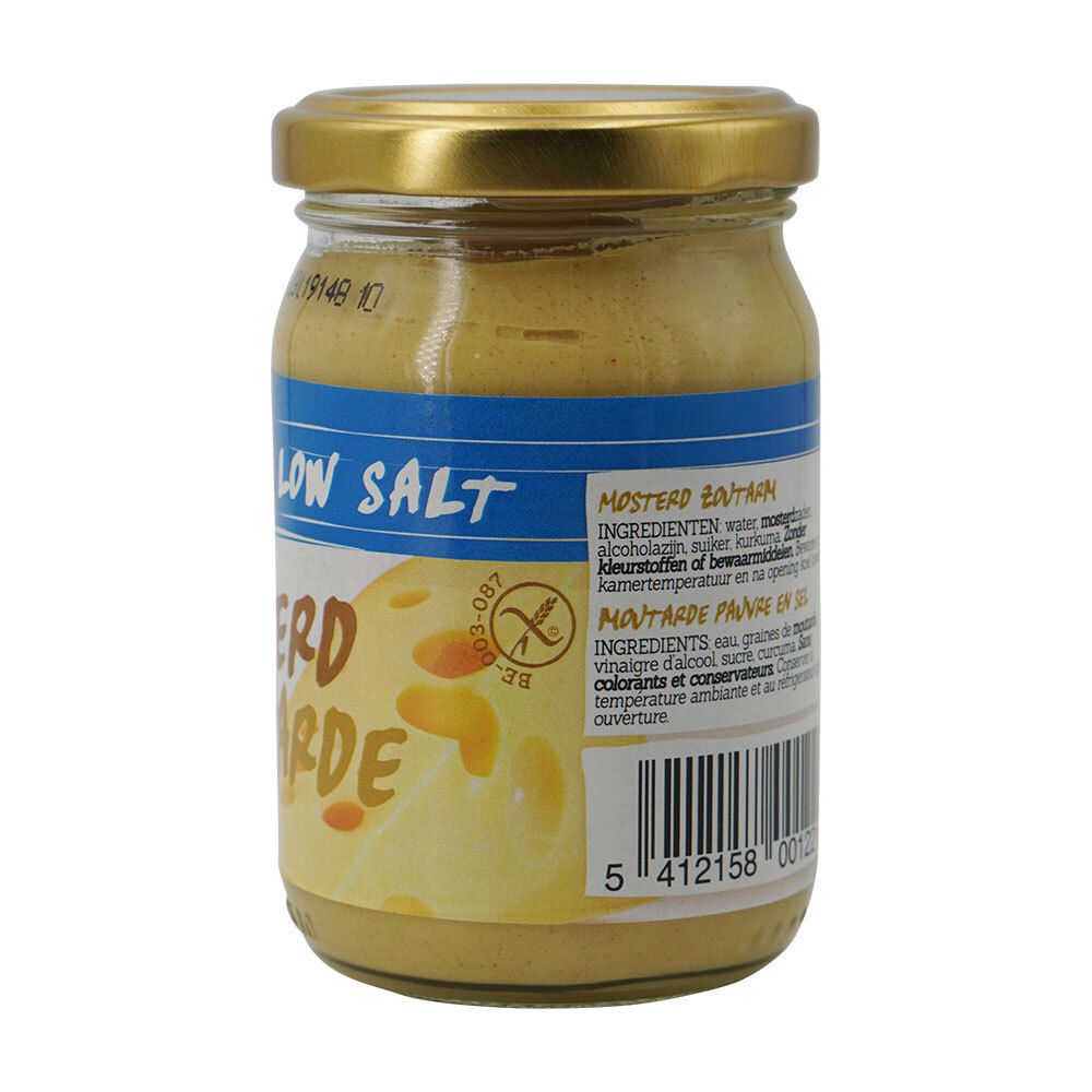 Achterkant van de mosterdpot. Etiket met ingrediëntenlijst en voedingswaarden. Merk Damhert.