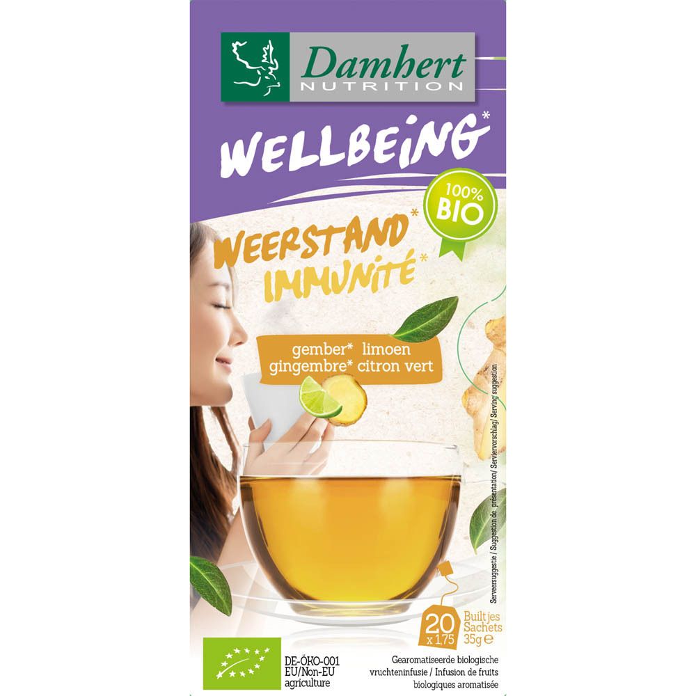 Verpakking van Damhert Wellbeing Thee Gember Limoen BIO. Paarse doos met logo, tekst en afbeelding van een kopje thee.