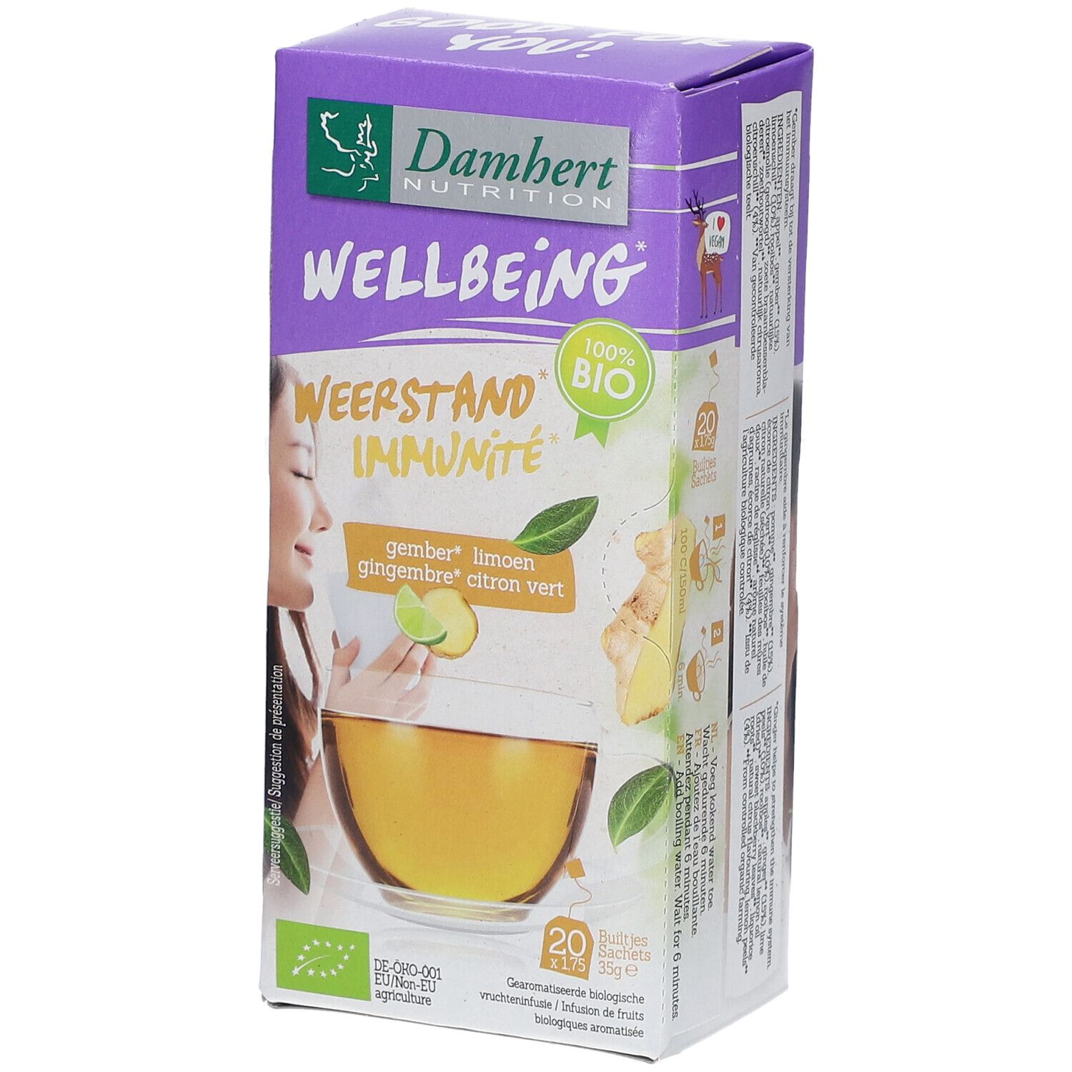 Verpakking van Damhert Wellbeing Thee Gember Limoen BIO. Paarse doos met logo, tekst en afbeelding van een kopje thee.